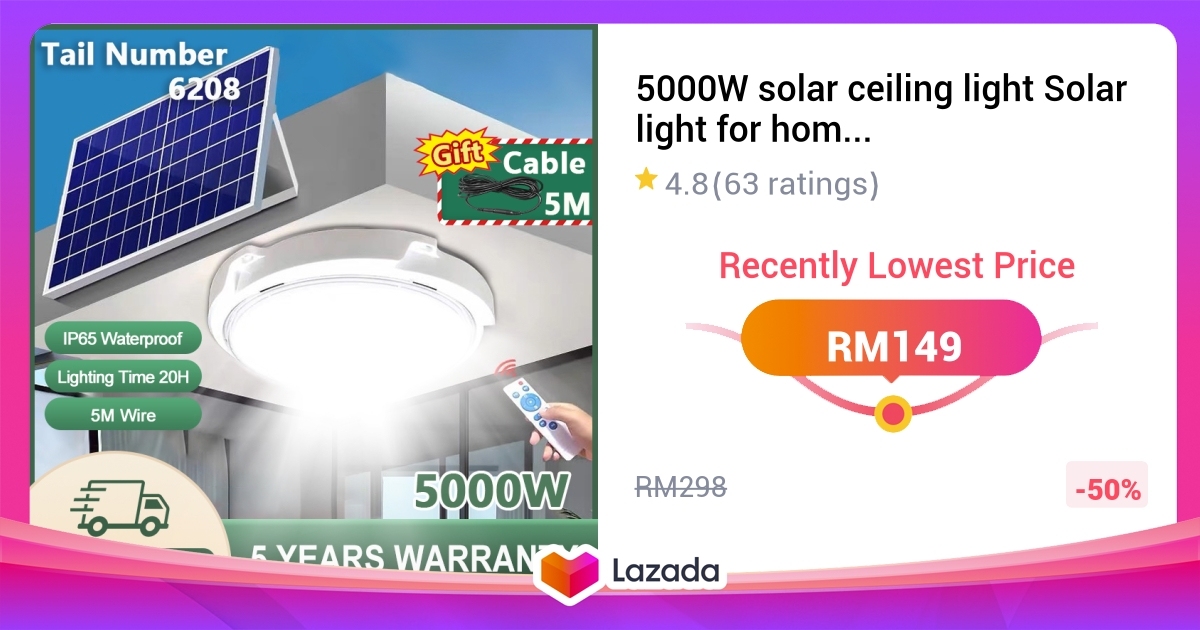 W Solar Ceiling Light Solar Light For Home Lampu Solar Tahan Jam