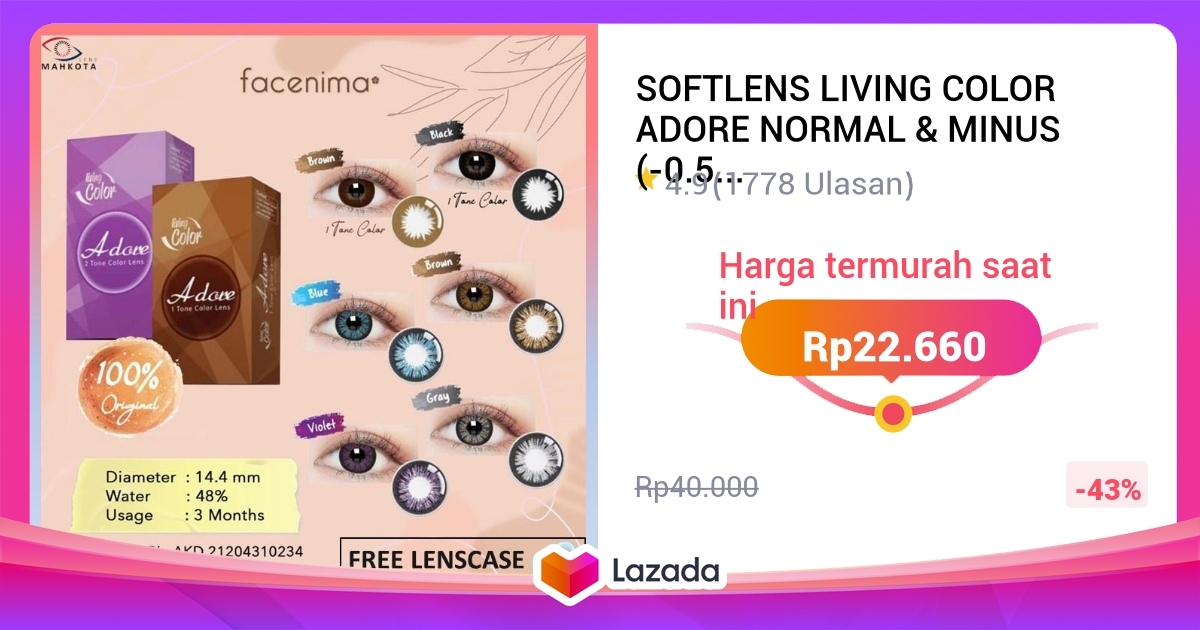 SOFTLENS LIVING COLOR ADORE NORMAL MINUS 0 50 S D 6 00 DIAMETER