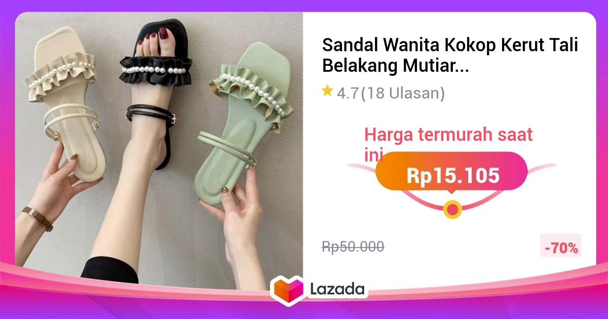 Sandal Wanita Kokop Kerut Tali Belakang Mutiara Deret