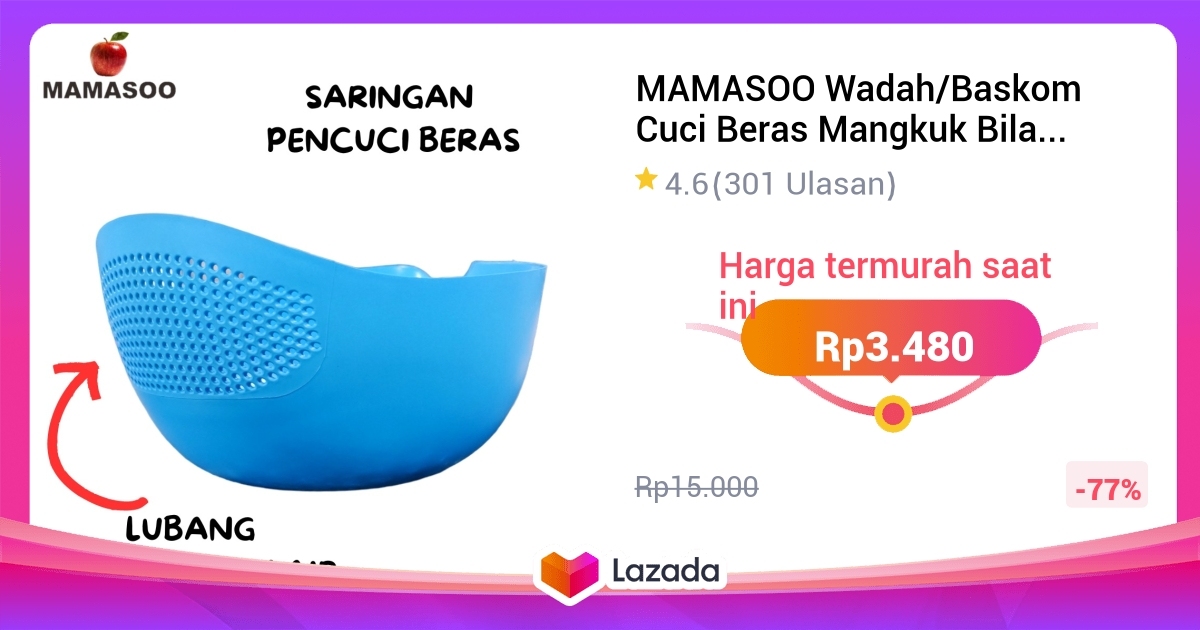 Mamasoo Wadah Baskom Cuci Beras Mangkuk Bilas Tirisan Pencuci Tempat