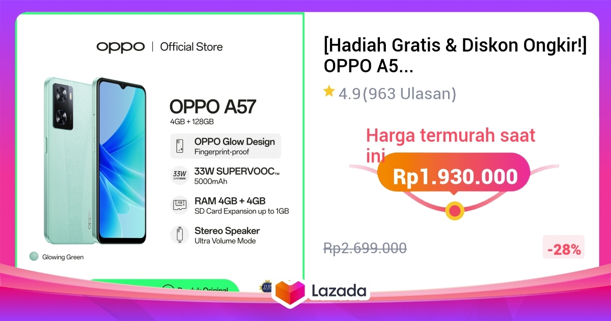 Hadiah Gratis Diskon Ongkir OPPO A57 4GB 128GB 5000mAh 33W