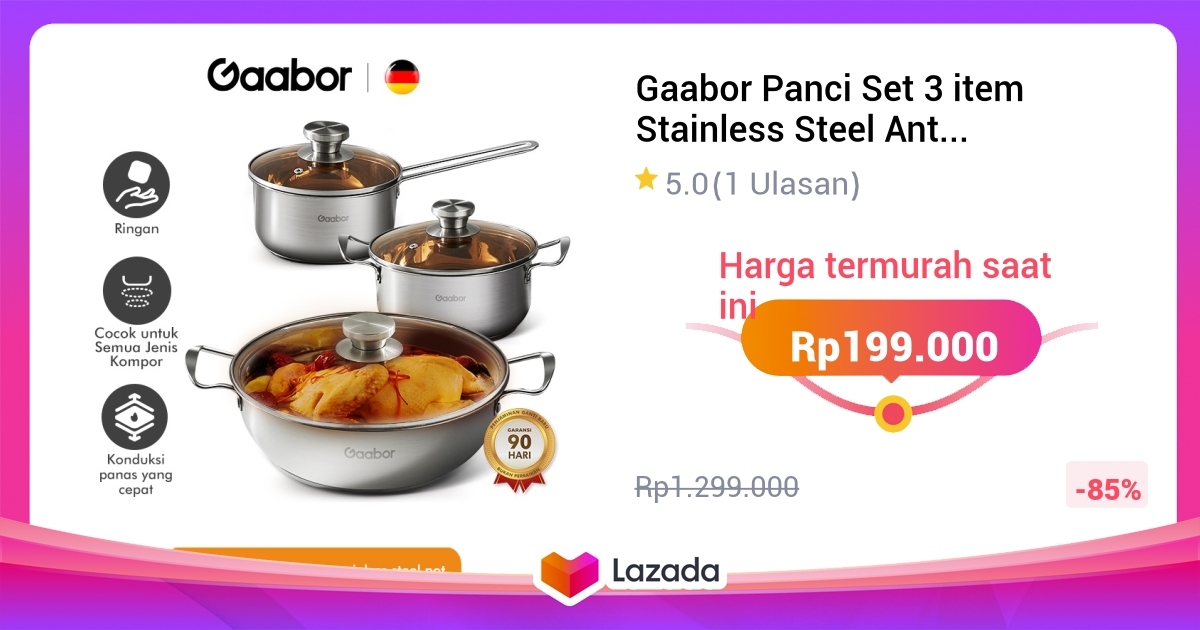 Gaabor Panci Set 3 Item Stainless Steel Anti Karat Tutup Stainless