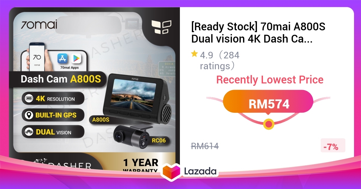 Ready Stock 70mai A800S Dual Vision 4K Dash Cam APP Control ADAS