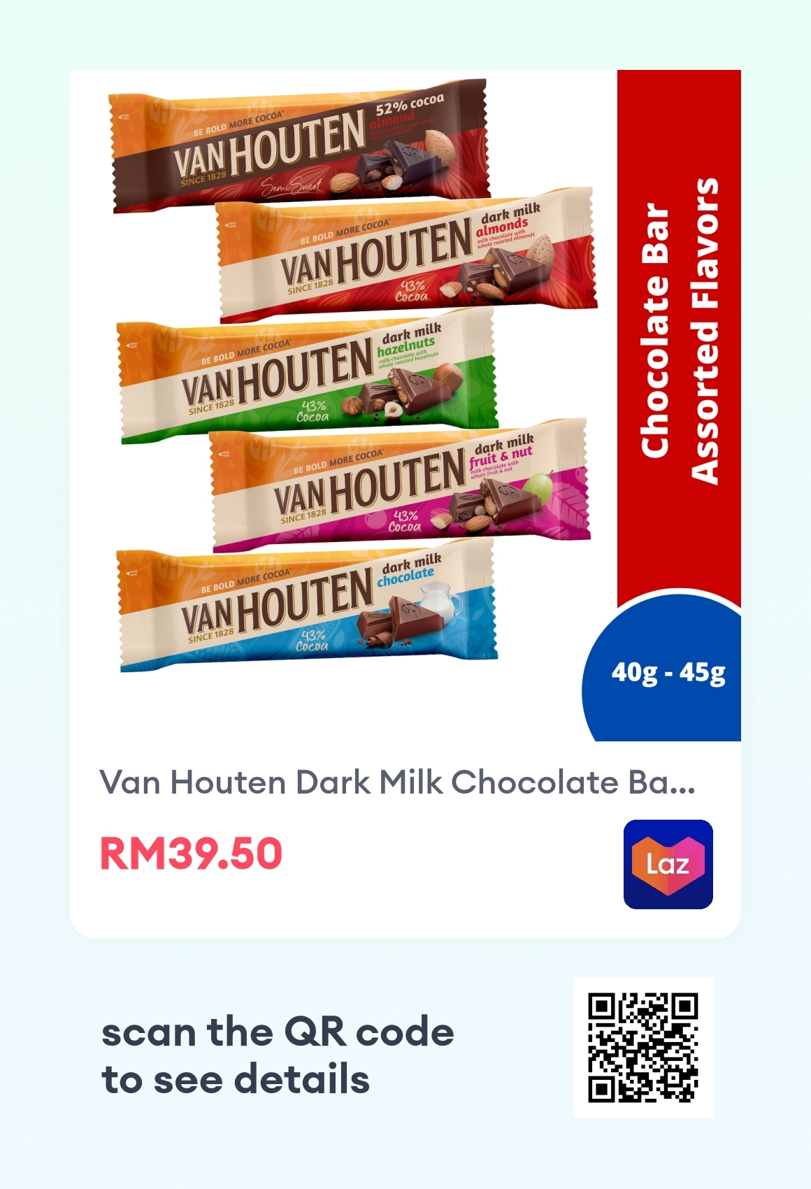 Van Houten Dark Milk Chocolate Bar Assorted Flavors G G Piece