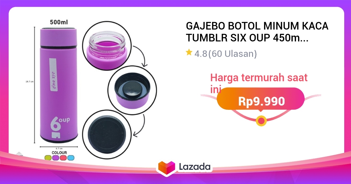 GAJEBO BOTOL MINUM KACA TUMBLR SIX OUP 450ml WARNA WARNI TUMBLR KACA