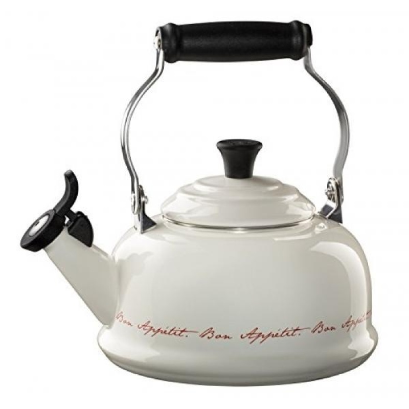 Le Creuset Enamel On Steel 1.8qt Whistling Kettle, White with Red Script lettering - intl Singapore