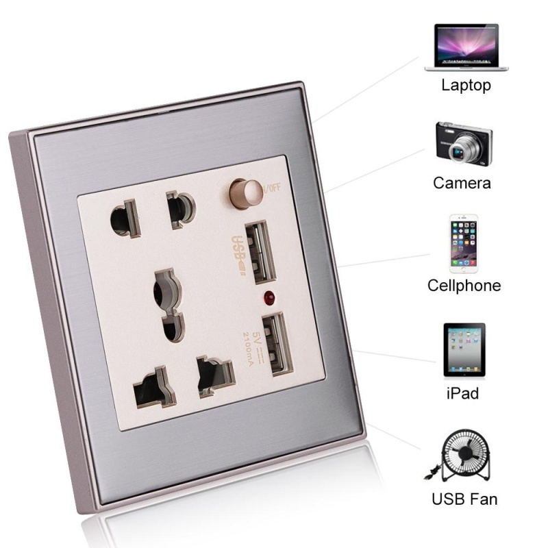 TMISHON 10A Universal Dual USB Wall Socket Panel AC 110-265V Outlet Power Charger with Switch (Silver) - intl