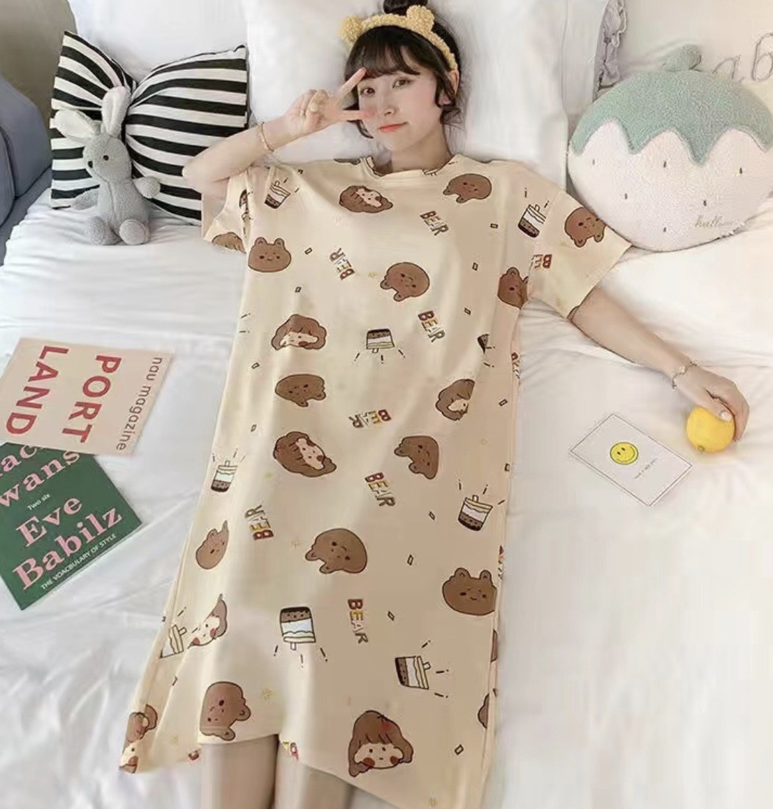￼Váy Nữ Ngủ Cộc Tay sexy, Đầm Ngủ Suông Chất Cotton Mềm Mát Mặc Nhà Dễ Thương