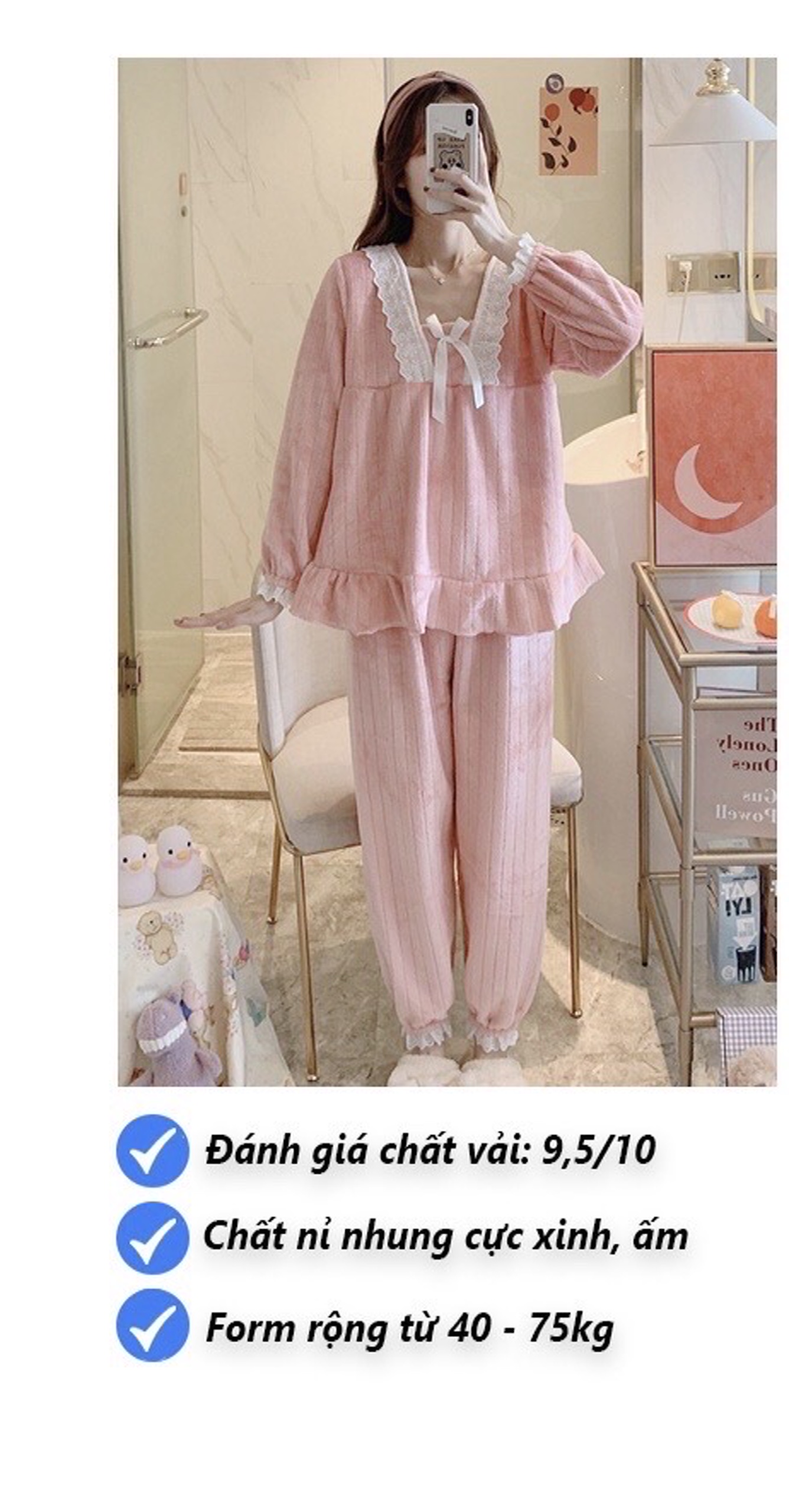 Bộ pijama nỉ nhung phối nơ xinh