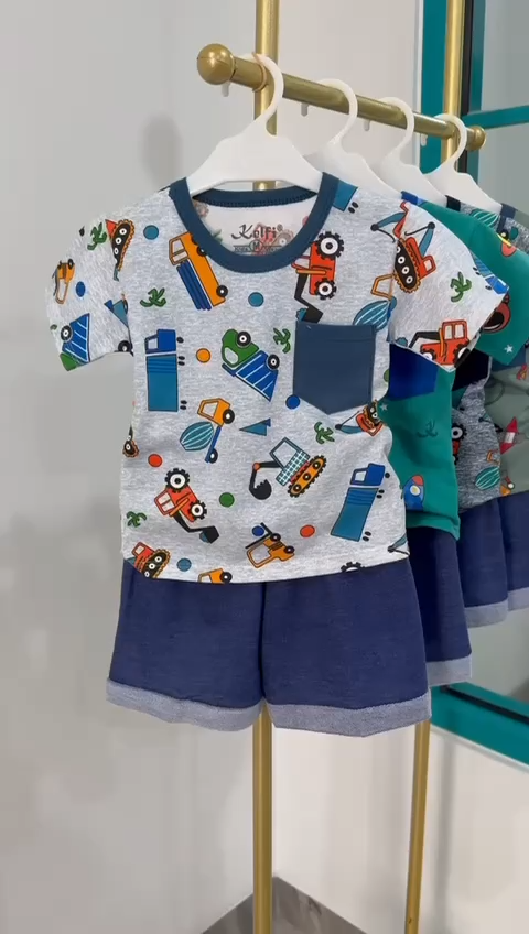 KELFI Stelan Kaos Anak Laki Laki Usia 0 1 2 3 4 5 Tahun Full Print Saku Celana Denim