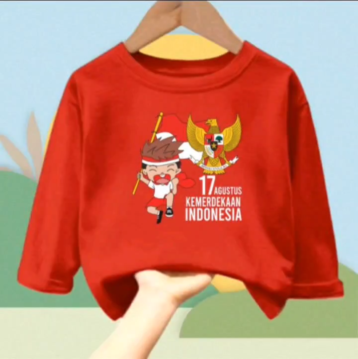 Kaos atasan anak usia 1-12 tahun bergambar 17 Agustus Merdeka lengan panjang bahan babyterry