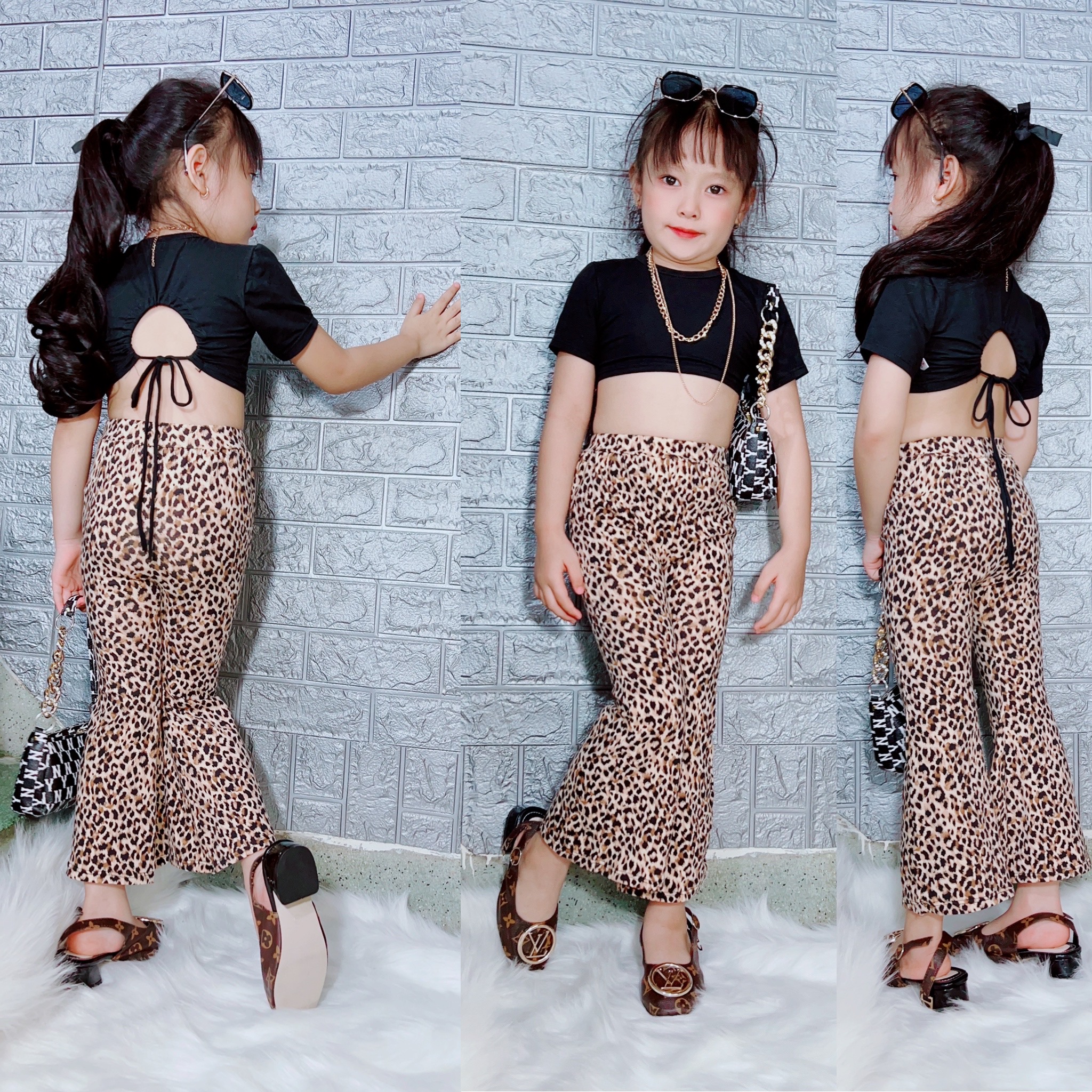 Set áo đen quần beo cho bé