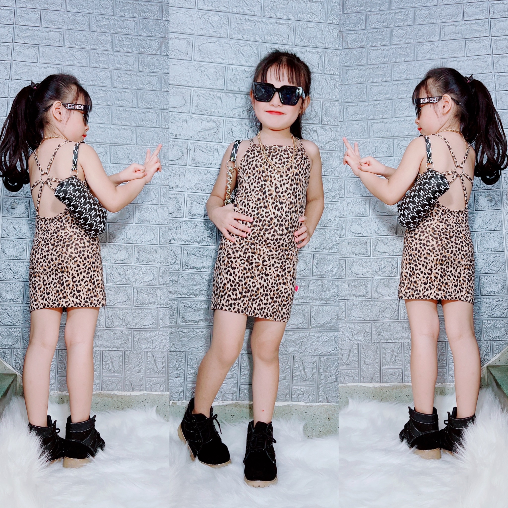Đầm body hở lưng da beo cho bé