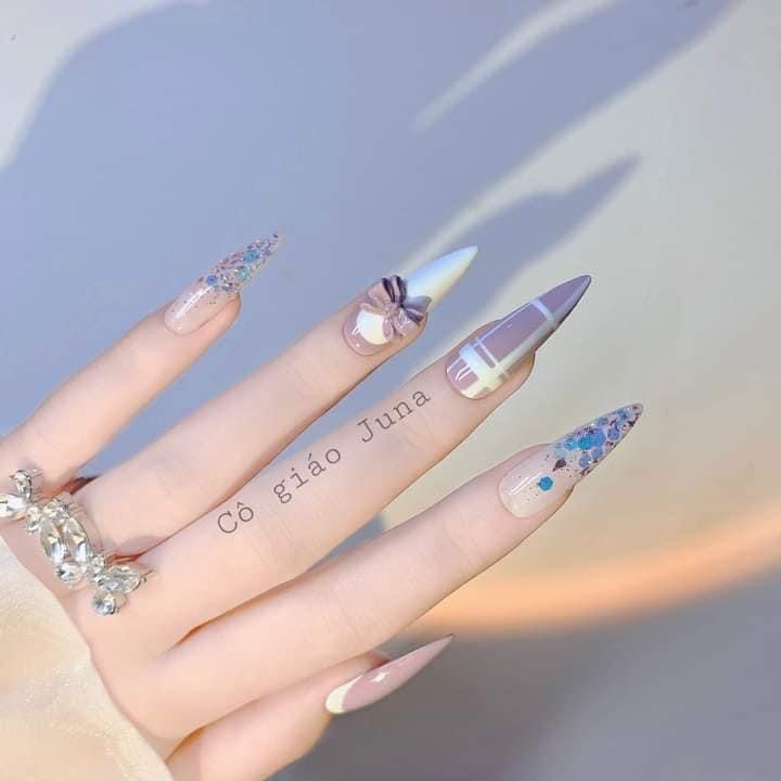 Nailbox tím pastel nhũ vảy cá đính nơ đài các