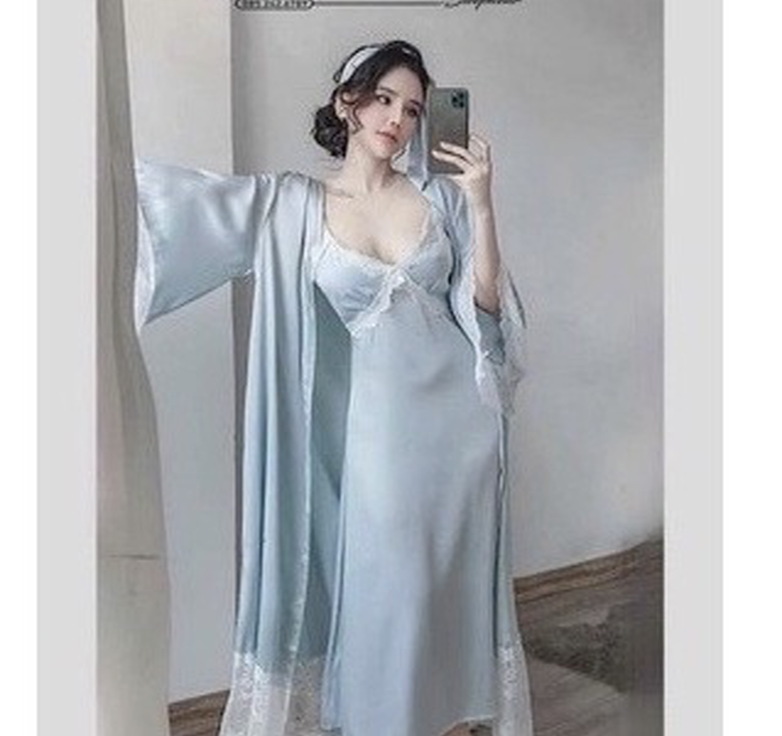 Váy ngủ lụa cao cấp kèm choàng 3 chi tiết xanh