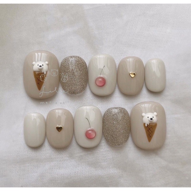 Nailbox gấu trắng kem cherry