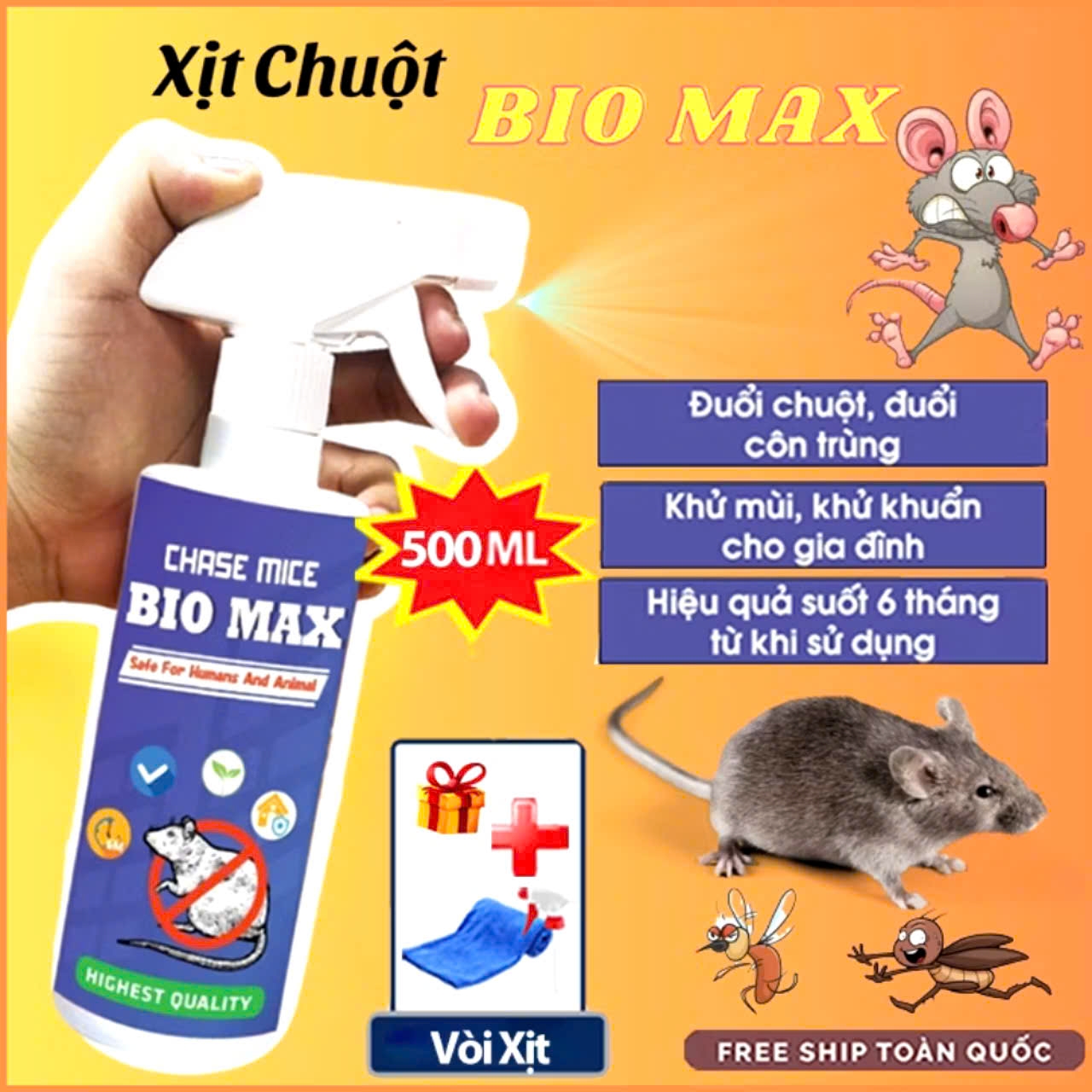 Bình Xịt Đuổi Chuột BIO MAX 500ml - Nguồn Gốc Thảo Mộc - Xua Đuổi Chuột, Gián, Côn Trùng
