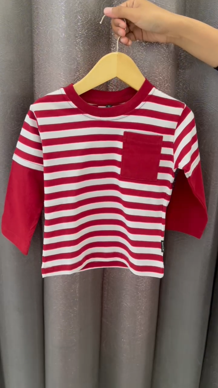 byrazi Baju Kaos Anak Couple Pria Wanita Belang Merah Putih Lengan Panjang