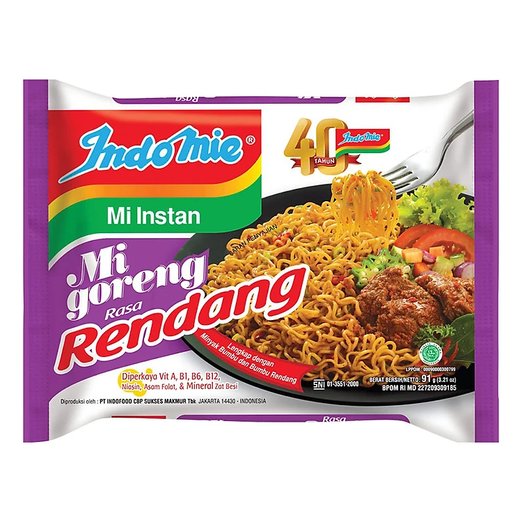 Thùng 40 gói mì xào khô indomie vị bò cay - mi goreng rendang
