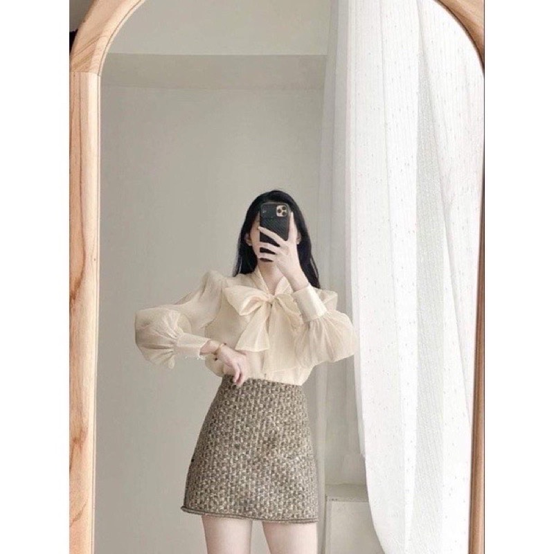 Áo sơ mi kiểu, áo sơ mi nữ cổ nơ tay bồng khuy ngọc 2 lớp _A002