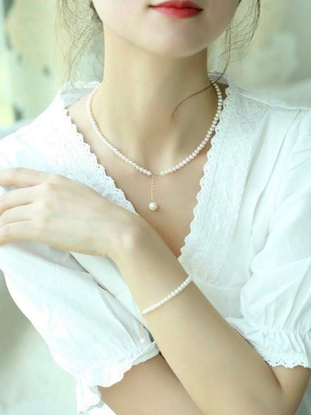 Bộ vòng cổ + vòng tay ngọc trai thật nước ngọt  cỡ 3-4mm