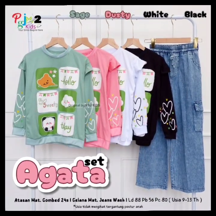 COD Setelan Atasan Kaos Lengan Panjang Motif Dan Celana Jeans Anak Perempuan 9-13T Agataa Set