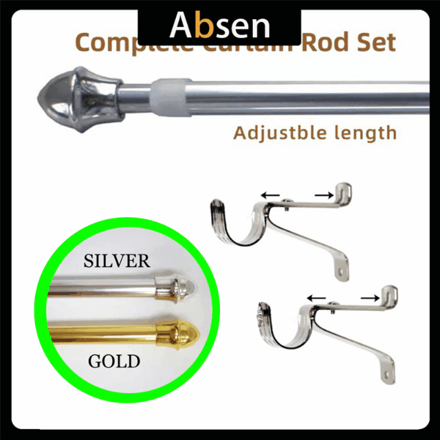 Absen Adjustable Curtain Rod Set with Accessories, Gold/Silver Plated