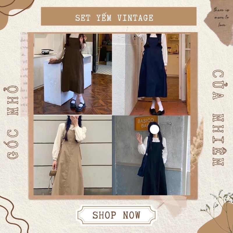 Set váy yếm vintage dài tay thắt nơ eo