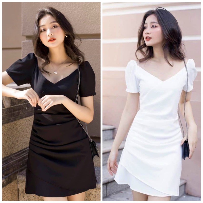 Đầm cổ V nhúng eo 2 màu