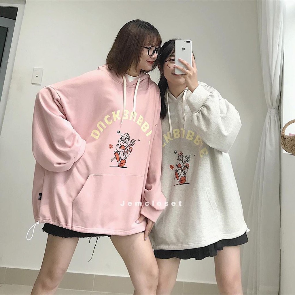 Áo hoodie nữ form rộng có túi jem closet áo nỉ nữ in họa tiết có mũ rộng 3 màu xám hồng xanh than duckbubble 10002