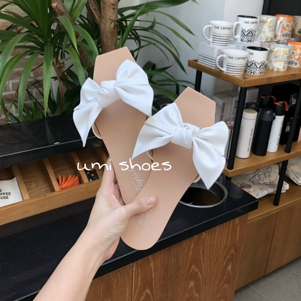 [NOWSHIP HN] Dép nữ lê nơ tiểu thư mũi vuông mặt phíp chống nước đế bệt màu đen/trắng/kem xinh đẹp đơn giản mới đi biển