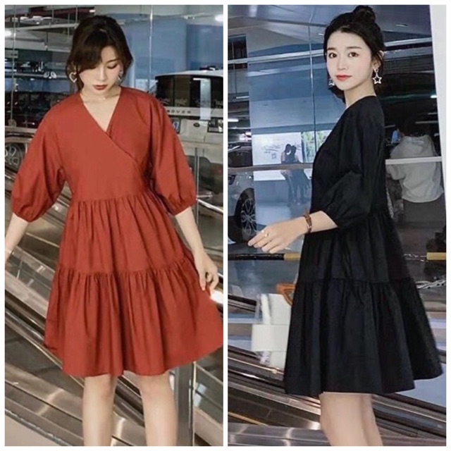 Đầm cổ v tay lỡ 2 màu