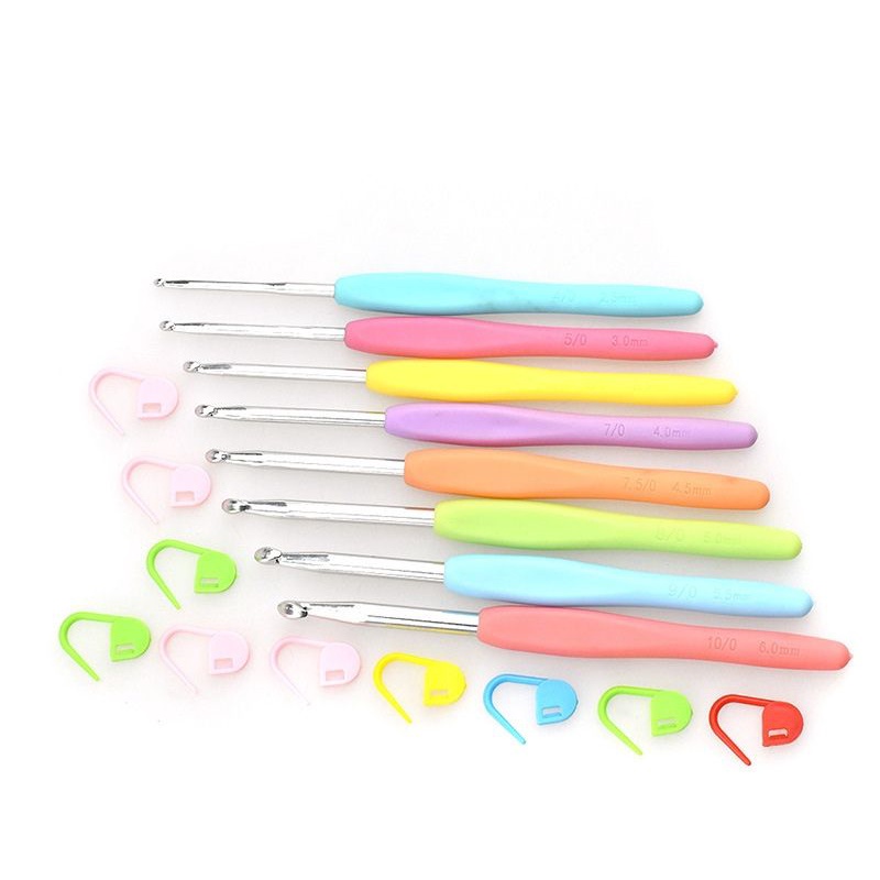 READY STOCK🇲🇾Hot sale TPR color soft handle aluminum crochet hook 8pcs set aluminum crochet hook spot/32pcs set