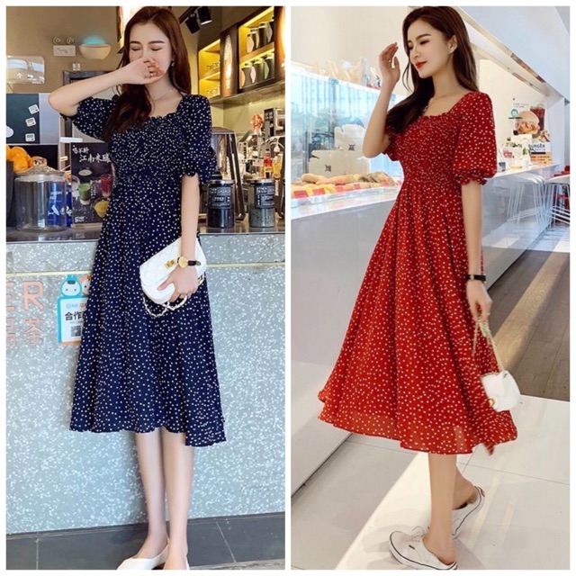 Đầm bi rối cổ u 2 màu