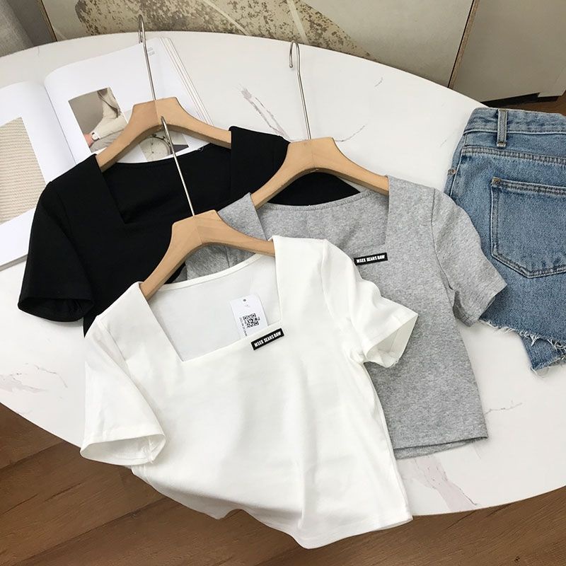 Áo cổ vuông logo croptop thun tăm - a2tt