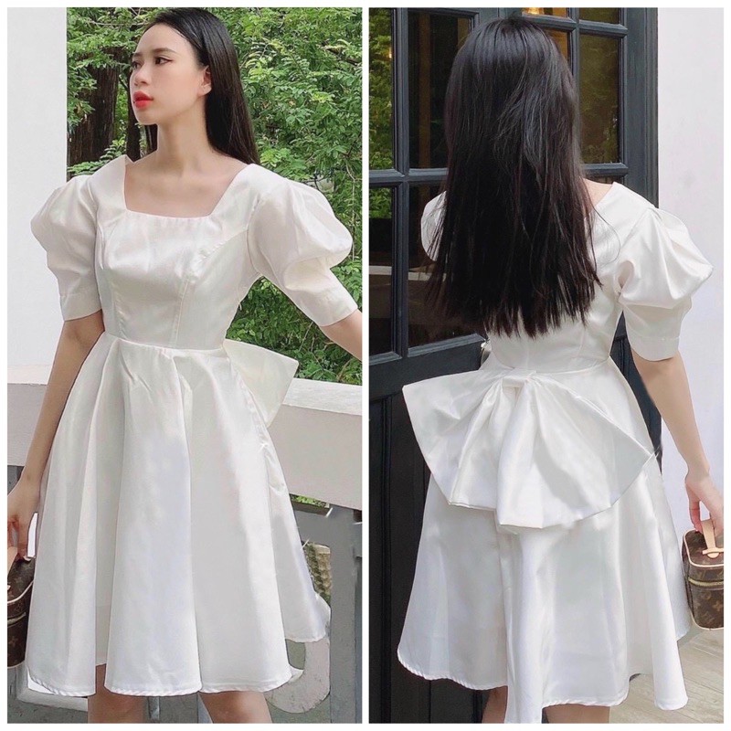 Đầm trắng cổ vuông nơ sau