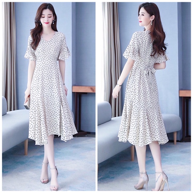 Đầm bi trắng đuôi cá thắt eo