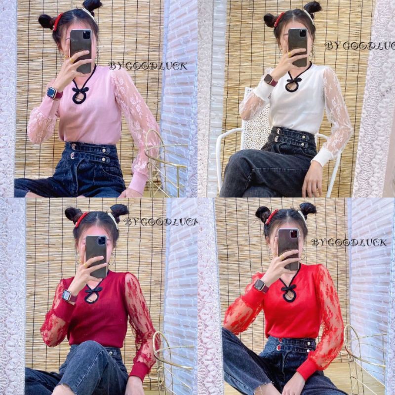 🌈SpinnyHouse🌈 เสื้อคอจีน แขนเป็นลูกไม้บางๆ อาหมวย🎊รับ ตรุษจีน หน่อยค่ าซินเจียยู่อี่ ซินนี้ฮวดไช้ 🤩รุ่น ตรุษจีนแขนลูกไม้ ราคา 188 บาท*ส่งฟรี