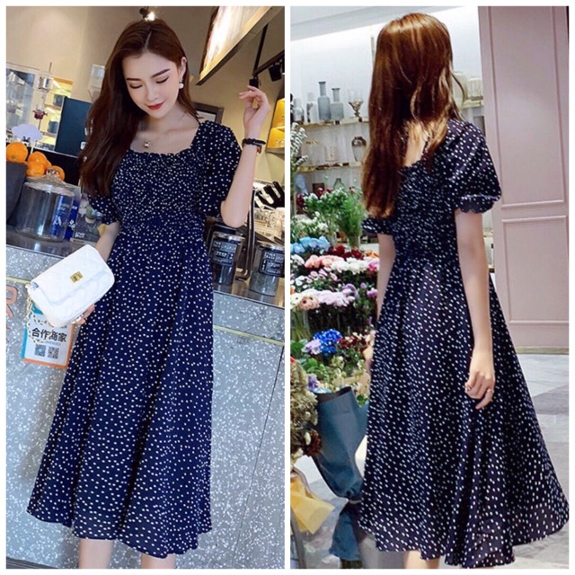Đầm bi xanh rối cổ U