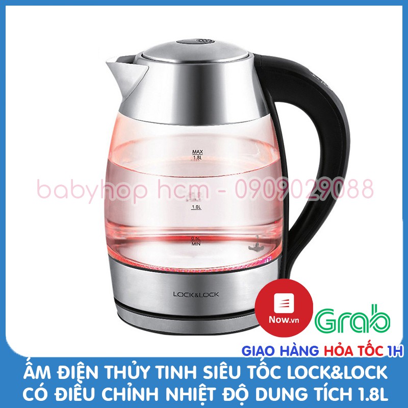 Ấm đun siêu tốc thủy tinh có điều chỉnh nhiệt độ lock&lock ejk341 ejk418slv dung tích 1.8l công suất 2200w