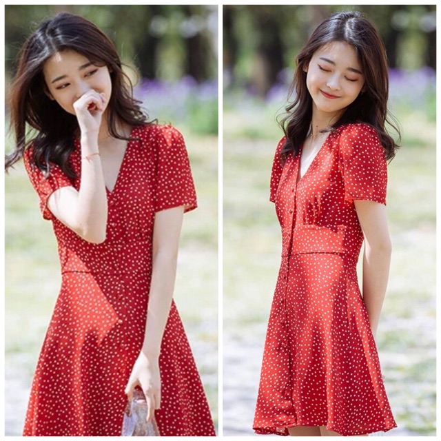 Đầm bi đỏ nút bọc