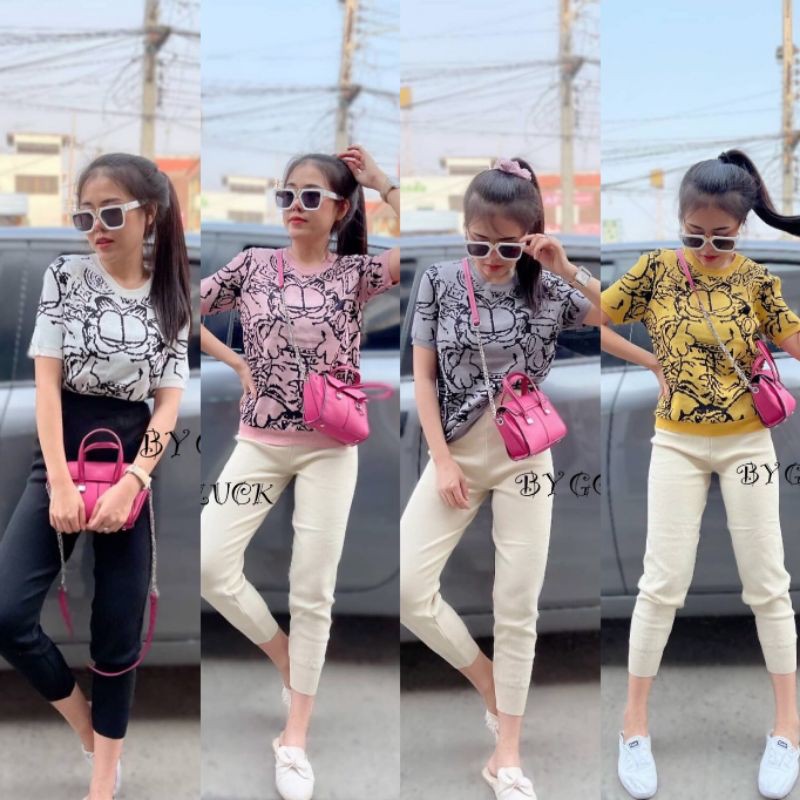 🌈 SpinnyHouse 🌈 ชุดเซ็ท กางเกง + เสื้อแขนสั้น คอกลมแบบสวม ผ้าไหมพรม ยืด นุ่ม ทอลายการ์ฟิลด์เหมียวเหมียว ปลาท่องโก๋ I501A ราคา 258 บาท*ส่งฟรี