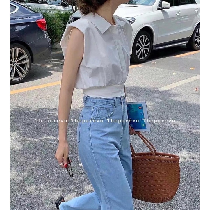 Mh áo sơ mi guu tay liền dáng croptop 2m xanh và trắng cho nữ