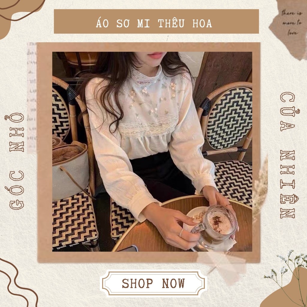 Áo sơ mi cổ tròn viền ren thêu hoa chất lụa siêu xinh