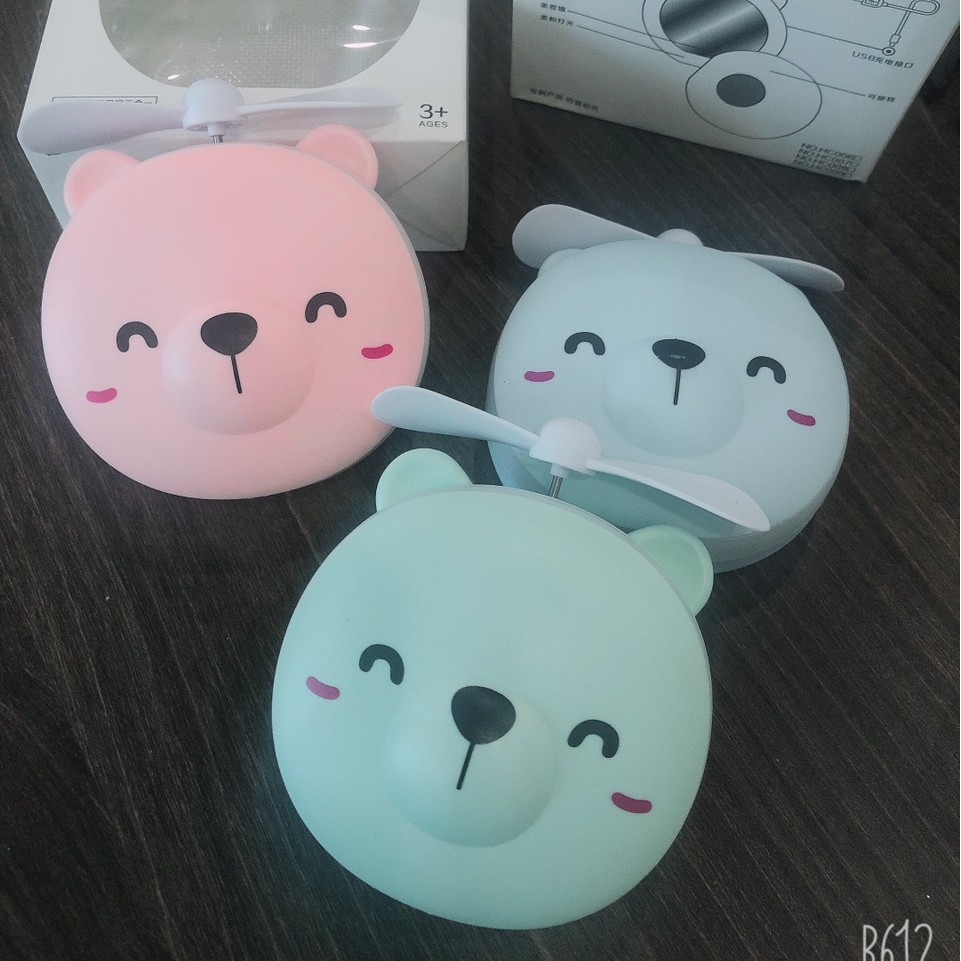 Quạt theo gương 3in1 hình GẤU- HEO hồng, GƯƠNG CON HEO CÓ ĐÈN QUẠT