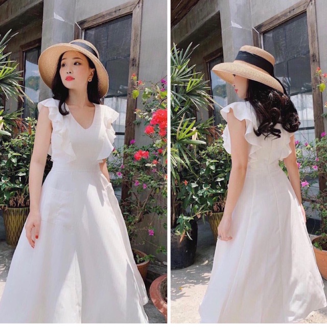 Đầm trắng cổ V 2 túi