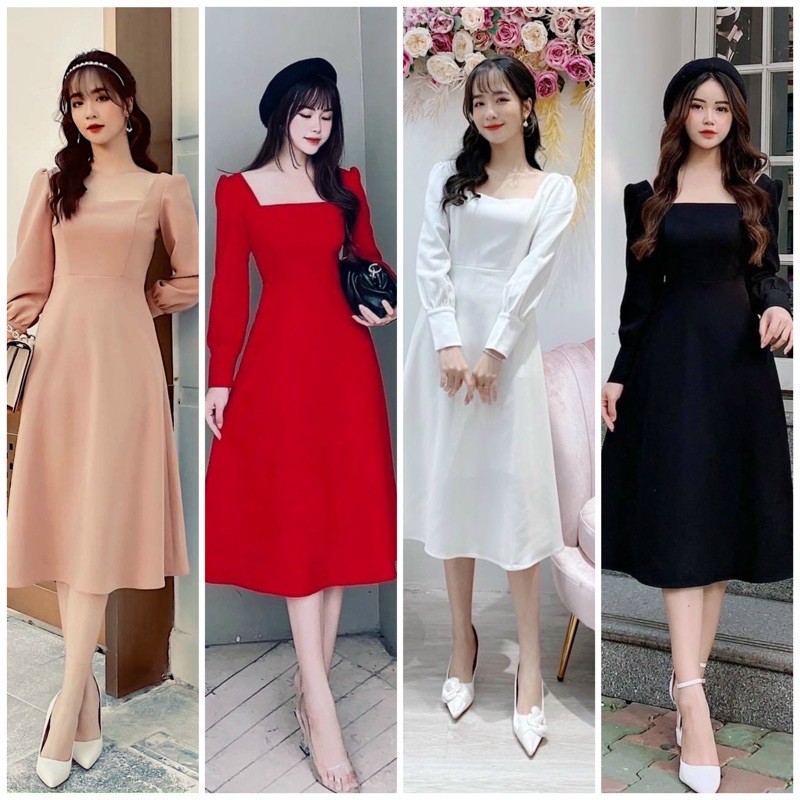 Đầm cổ vuông tay dài 4 màu