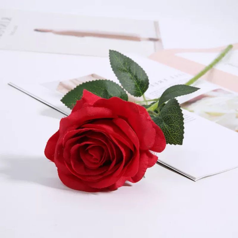 (Hoa Giả) cành hồng lụa , cành hoa hồng đơn cao 50cm