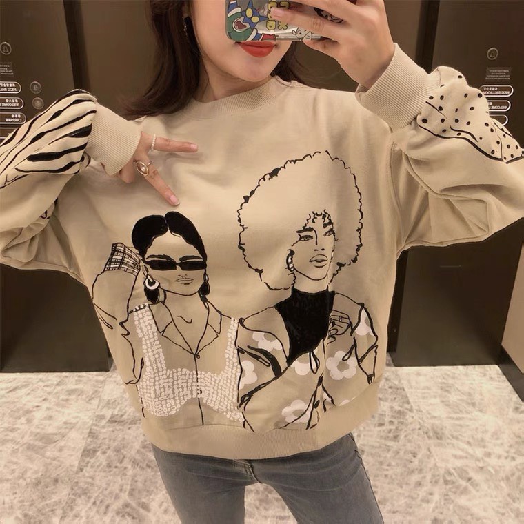 Áo sweater nỉ nữ dài tay in hình cô gái cá tính