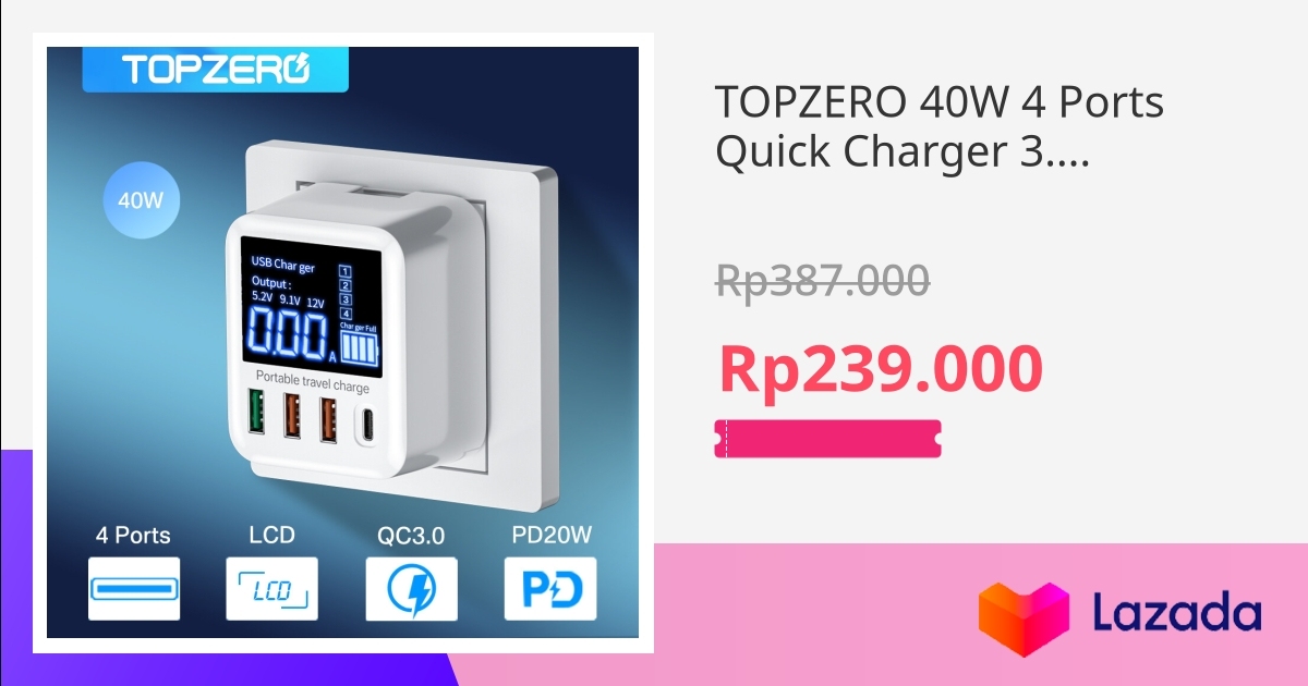 TOPZERO Pengisi Daya Cepat 40W 4 Port Pengisi Daya Dinding USB Tipe C